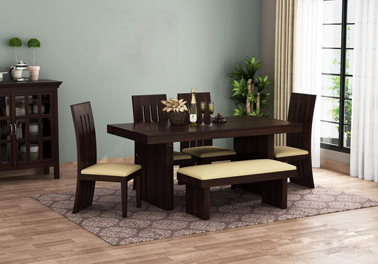 Jeenwood Wooden Dining Table 6 Seater | Six Seater Dinning Table with 4 Chairs & 1 Bench for Home | Dining Room Sets for Restraunts | Sheesham Wood, Dark Walnut Brown - Brown