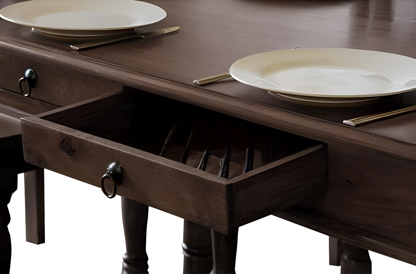 Solid Wood 4 Seater Dining Table Set with Wooden Chairs and Storage Drawer