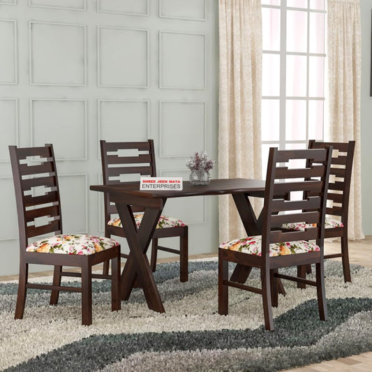 Jeenwood Sheesham Wooden 4 Seater Dining Table with Cushion Chairs Dining Set for Dining Room - Wooden Dining Table 4 Seater Modern Dining Set of 4 for Hotel Restaurant - Walnut
