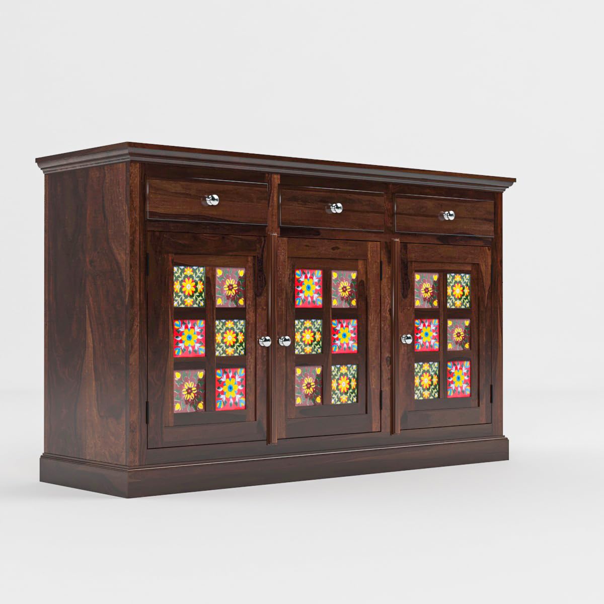 Solid Sheesham Wood Handcrafted Sideboard Cabinet with Hand-Painted Tile Doors
