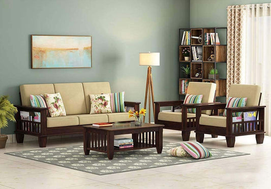Jeenwood Wooden 5 Seater Sofa Set for Living Room, 3+1+1 Seater Sofa for Office & Lounge, Five Seater Sofa Sets with Side Magzine & Newspapers Holder for Home, Sheesham Wood, Walnut - Walnut