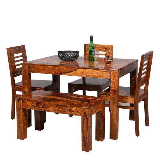 Jeenwood Wooden Dining Table 4 Seater | Four Seater Dinning Table with 3 Chairs & 1 Bench for Home | Dining Room Sets for Restraunts | Sheesham Wood, Honey Brown - Brown