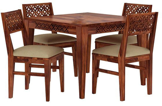 Jeenwood CNC Cuting Sheesham Wood Dining Table 4 Seater Set | Wooden 4 Seater Dining Furniture | 4 Chairs with Cushion Teak Wood Dining Table Set Furniture for Living Room - Brown
