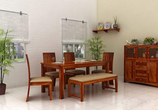 Jeenwood Wooden Dining Table 6 Seater | Six Seater Dinning Table with 4 Chairs & 1 Bench for Home | Dining Room Sets for Restraunts | Sheesham Wood, Honey Brown Finish - Brown