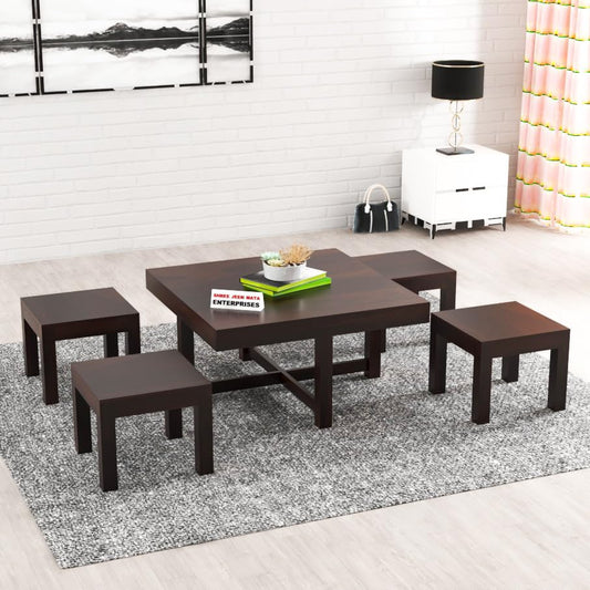 Jeenwood Sheeshsam Wooden Coffee Table with 4 Stools for Living Room - Solid Wood Coffee Table with Seating Stools Tea Table Teapoy Center Piece for Home Sofa Center Table - Alving Walnut