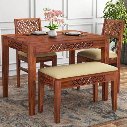 Jeenwood Solid Sheesham Wood 4 Seater CNC Dining Table with 2 Cushion Chairs and 1 Bench for Home Living Room Wooden Furniture Dinner Table for Hall Hotels - Brown