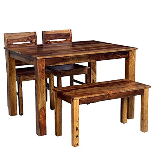 Jeenwood Solid Wood 4 Seater Dining Table with Chairs with Bench for Home Hall Living Room Furniture Set Dining Table 4 Seater - Teak Finish
