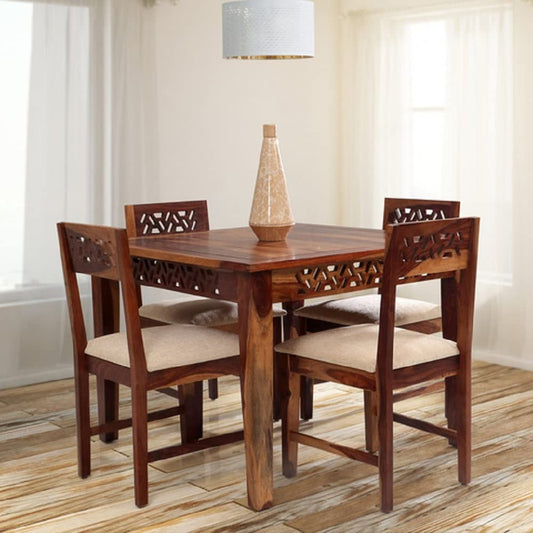 Jeenwood Solid sheesham Wood 4 Seater Dining Room Sets || 4 Seater Wooden Dining Table Set with Cushion Chairs|| Dining Table Set for Home Living Room Furniture - Brown