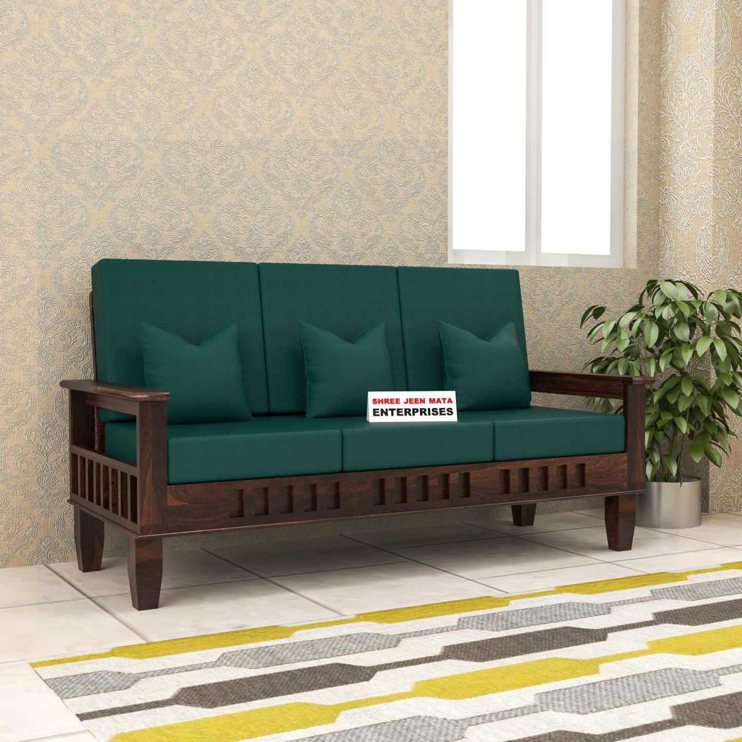 Solid Wood Three Seater Sofa with Cushioned Seating | Natural & Walnut Finish Wooden Sofa