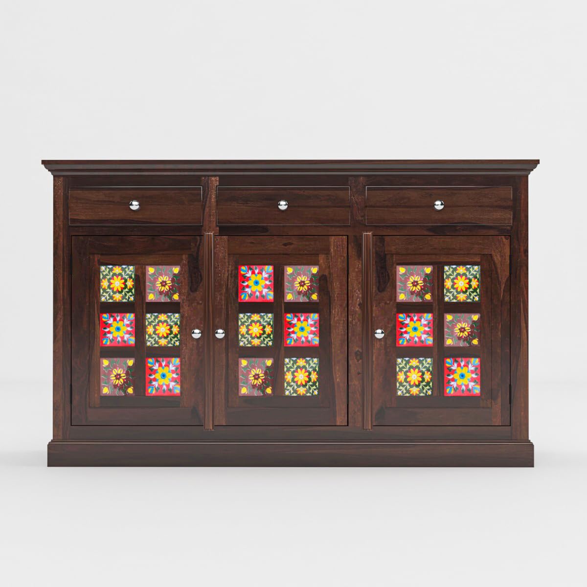 Solid Sheesham Wood Handcrafted Sideboard Cabinet with Hand-Painted Tile Doors