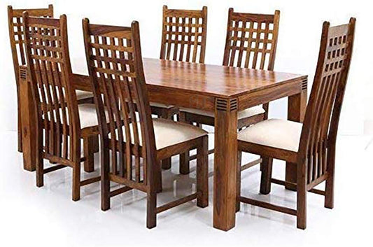 Jeenwood Sheesham Wood Dining Table Set 6 Seater with 6 High Back Cushion Chairs for Living Room Dining Room Furniture Wooden Dinning Table Set - Brown
