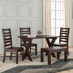 Jeenwood Sheesham Wooden 4 Seater Dining Table with 3 Chairs & 1 Bench - Dining Set for Dining Room - Wooden Dining Table 4 Seater - Modern Dining Table Set of 4 for Hotel - Walnut