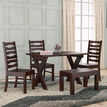 Jeenwood Sheesham Wooden 4 Seater Dining Table with 3 Chairs & 1 Bench - Dining Set for Dining Room - Wooden Dining Table 4 Seater - Modern Dining Table Set of 4 for Hotel - Walnut