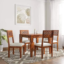 Jeenwood Sheesham Wood Square 4 Seater Dining Table Set with 4 Cushion Chair for Dining Room Hall Home Office Restaurent Hotel (Natural Brown Finish) |Dining Table Set with 4 Chairs - Brown