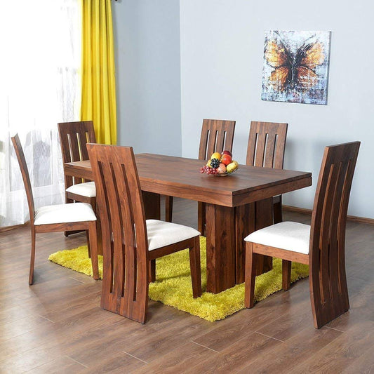 Jeenwood Solid Wood 6 Seater Dining Table Set for Living Room with 6 Chair - Brown