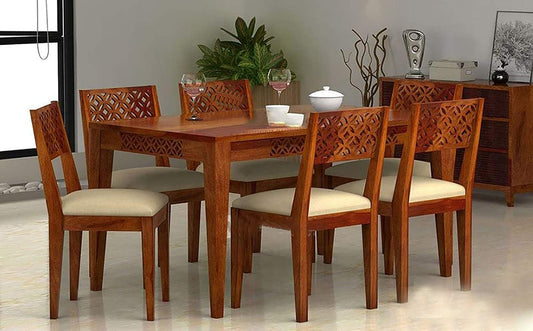 Jeenwood Solid Sheesham Wood 6 Seater Dining Table Set with 6 Cushion Chairs for Living Dining Room Hall Home Office Restaurent Hotel Wooden Dinning Furniture - Brown
