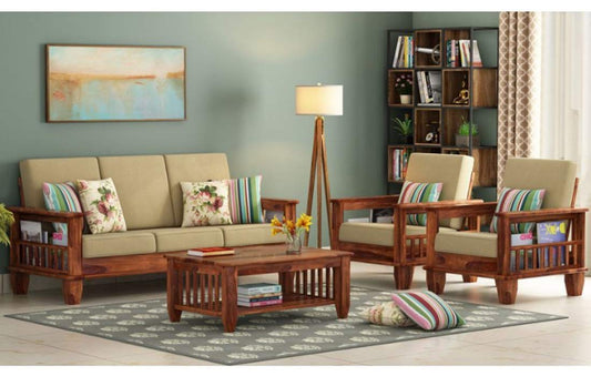 Jeenwood Wooden Solid Sheesham Wood 5 Seater Sofa Set with Cushions - Honey Finished1