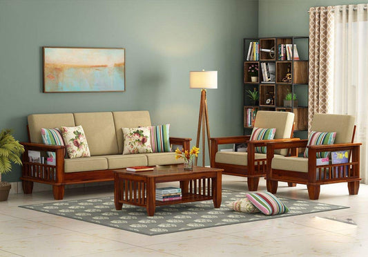 Jeenwood Wooden 5 Seater Sofa Set for Living Room, 3+1+1 Seater Sofa for Office & Lounge, Five Seater Sofa Sets with Side Magzine & Newspaper Holder for Home, Sheesham Wood, Honey Finish - Honey Finish