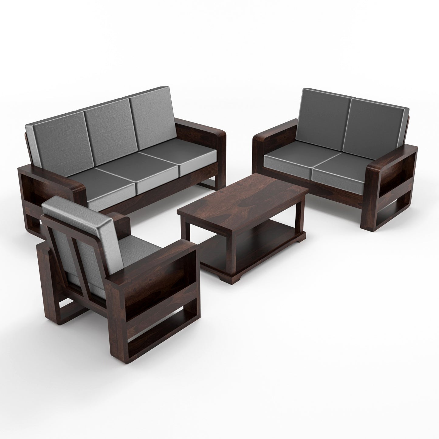 Solid Wood 6 Seater Sofa Set (3+2+1) | Natural & Walnut Finish Wooden Sofa with Cushions