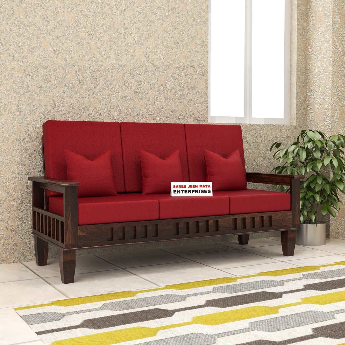 Solid Wood Three Seater Sofa with Cushioned Seating | Natural & Walnut Finish Wooden Sofa