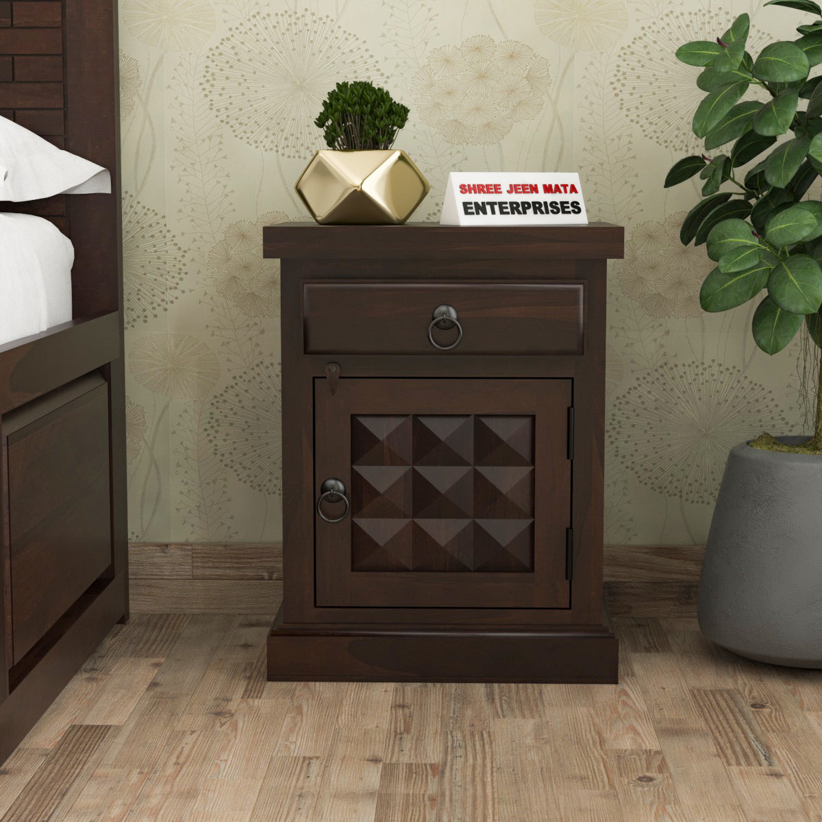 Solid Sheesham Wood Bedside Table with Drawer & Storage Cabinet