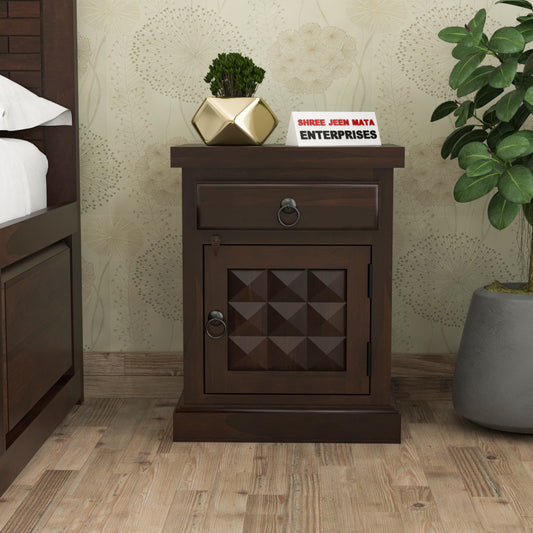 Solid Sheesham Wood Bedside Table with Drawer & Storage Cabinet