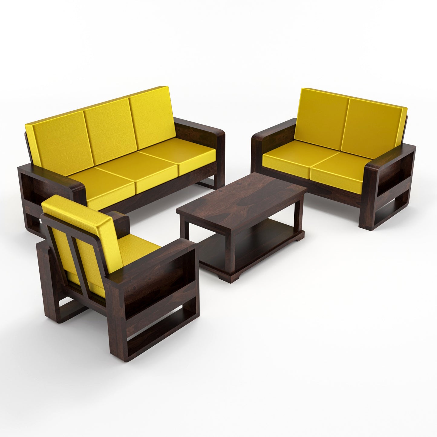 Solid Wood 6 Seater Sofa Set (3+2+1) | Natural & Walnut Finish Wooden Sofa with Cushions