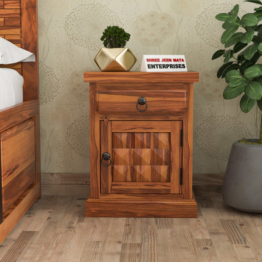 Solid Sheesham Wood Bedside Table with Drawer & Storage Cabinet