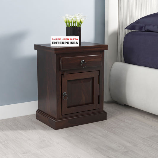 Solid Sheesham Wood Bedside Table with Drawer & Storage Cabinet (Compact Design)