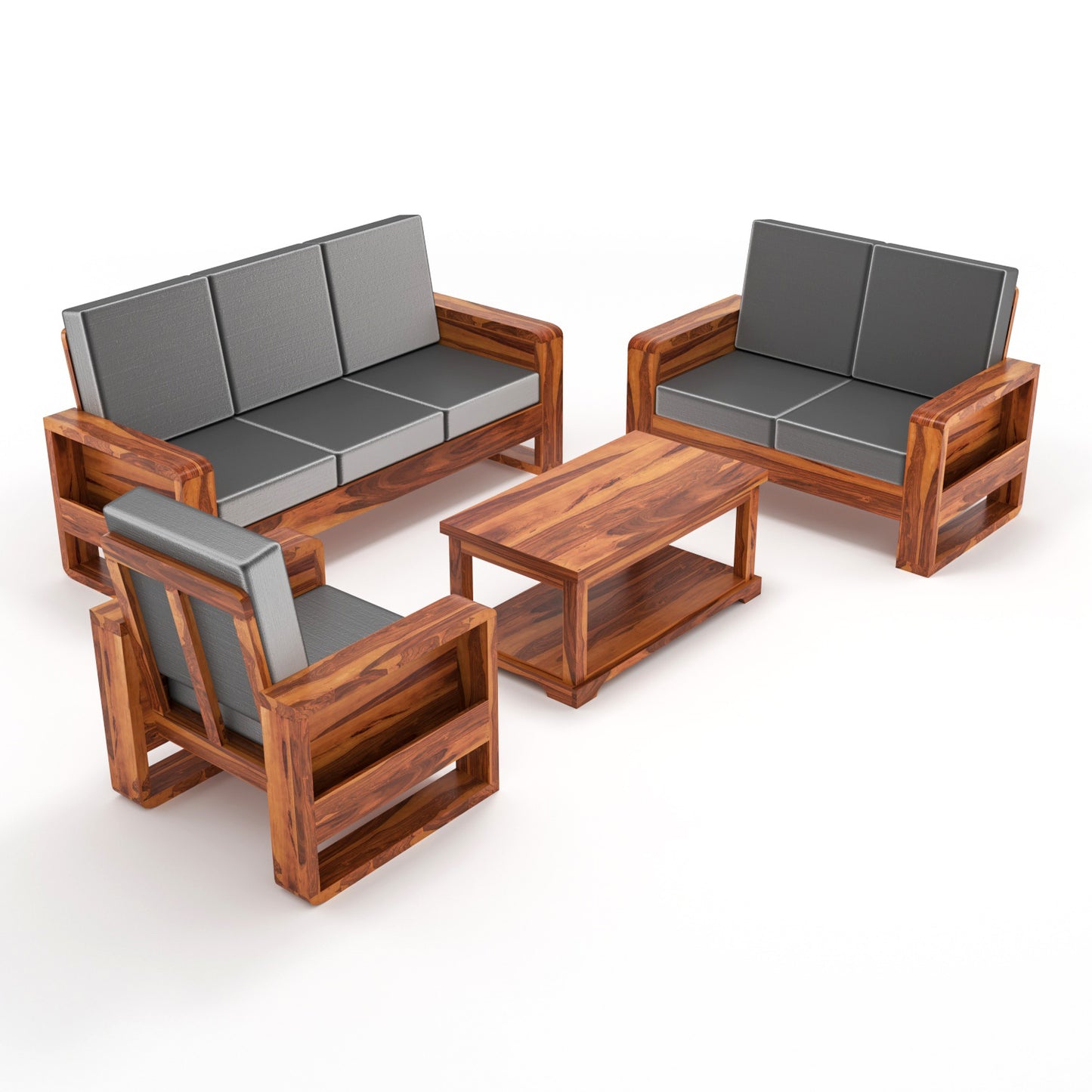Solid Wood 6 Seater Sofa Set (3+2+1) | Natural & Walnut Finish Wooden Sofa with Cushions