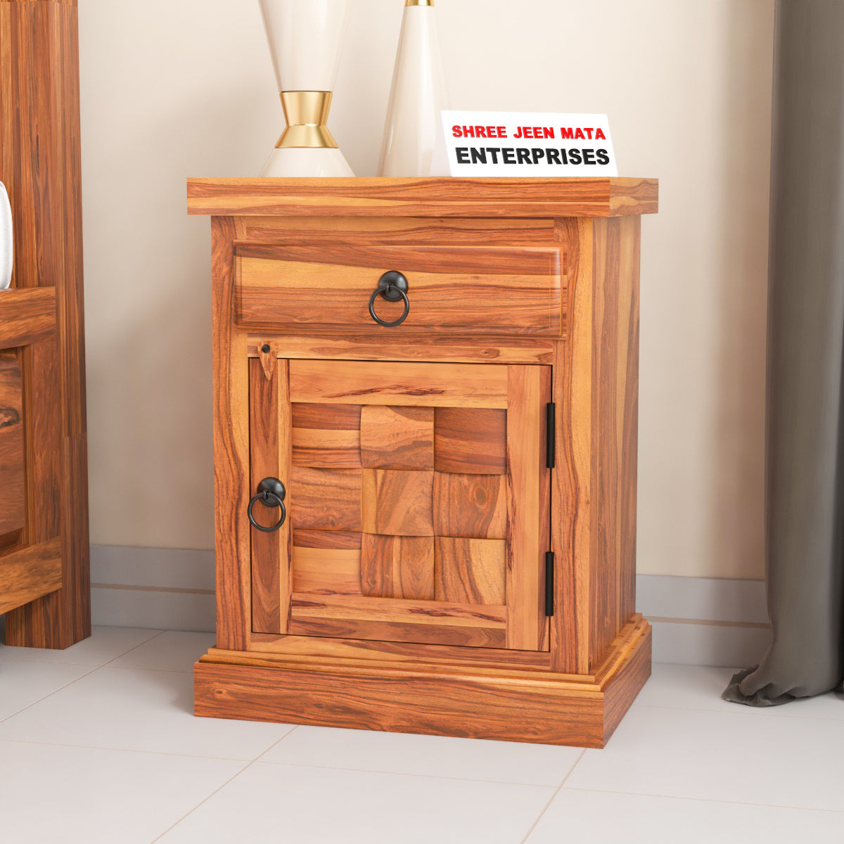 Solid Sheesham Wood Bedside Table with Drawer & Storage Cabinet