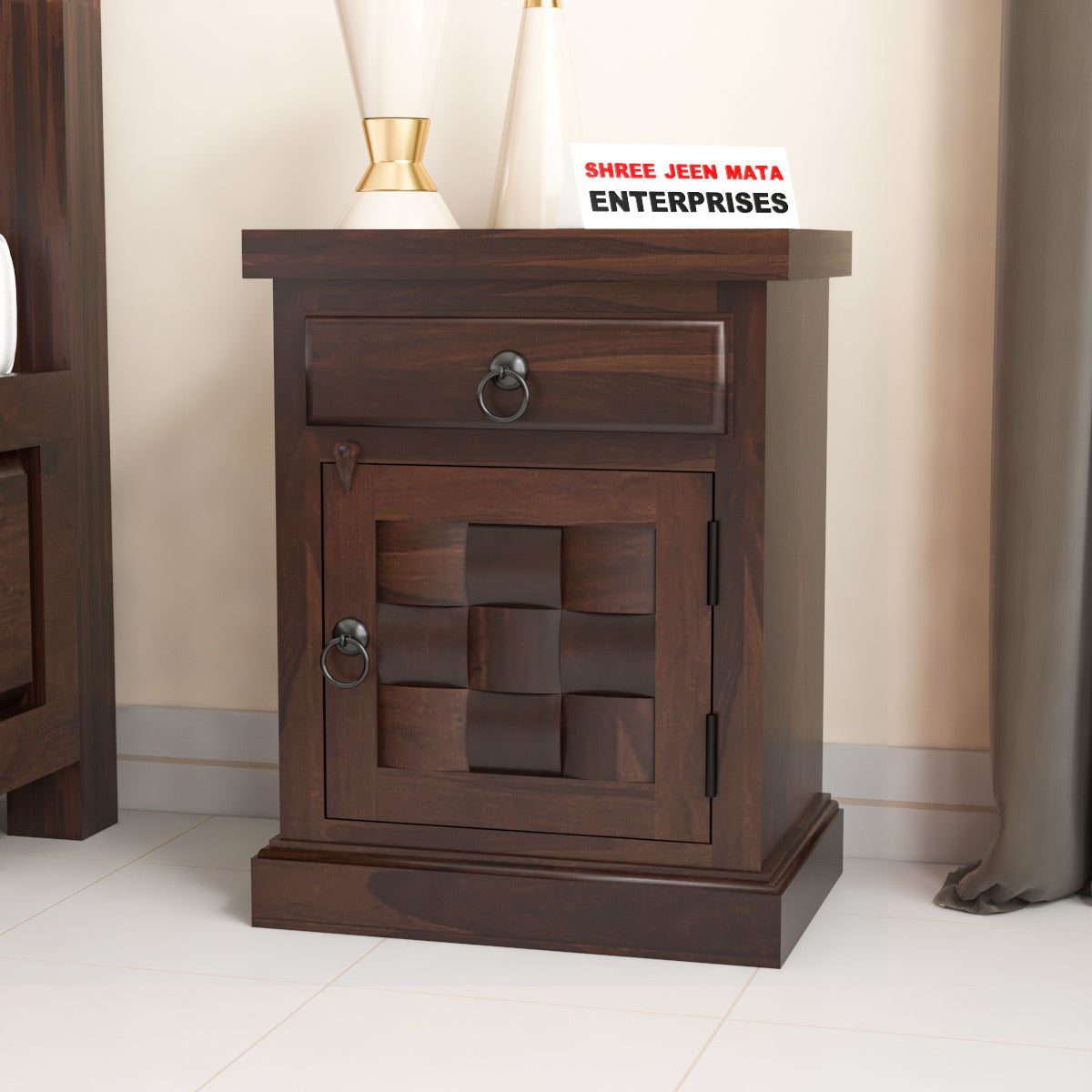 Solid Sheesham Wood Bedside Table with Drawer & Storage Cabinet