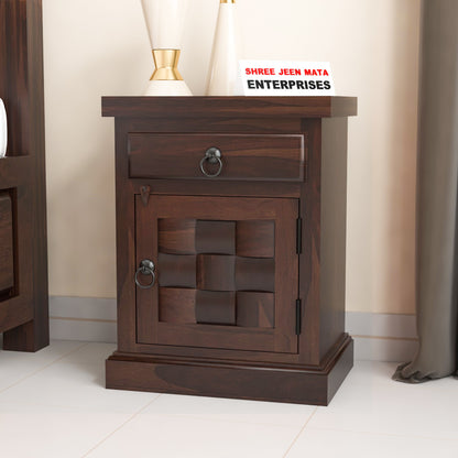 Solid Sheesham Wood Bedside Table with Drawer & Storage Cabinet