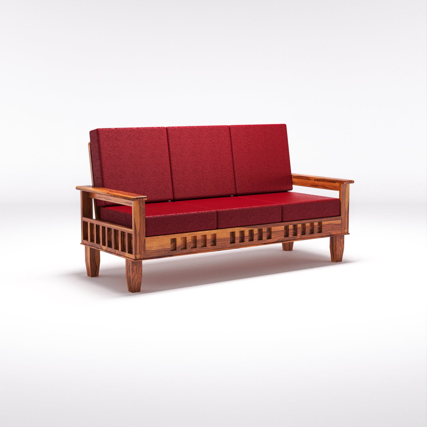 Solid Wood Three Seater Sofa with Cushioned Seating | Natural & Walnut Finish Wooden Sofa