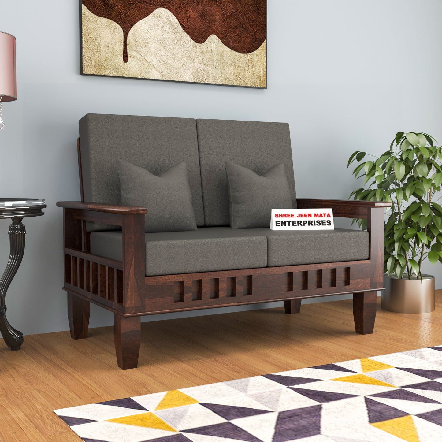 Premium Solid Wood 2 Seater Sofa with Cushions | Natural & Walnut Finish