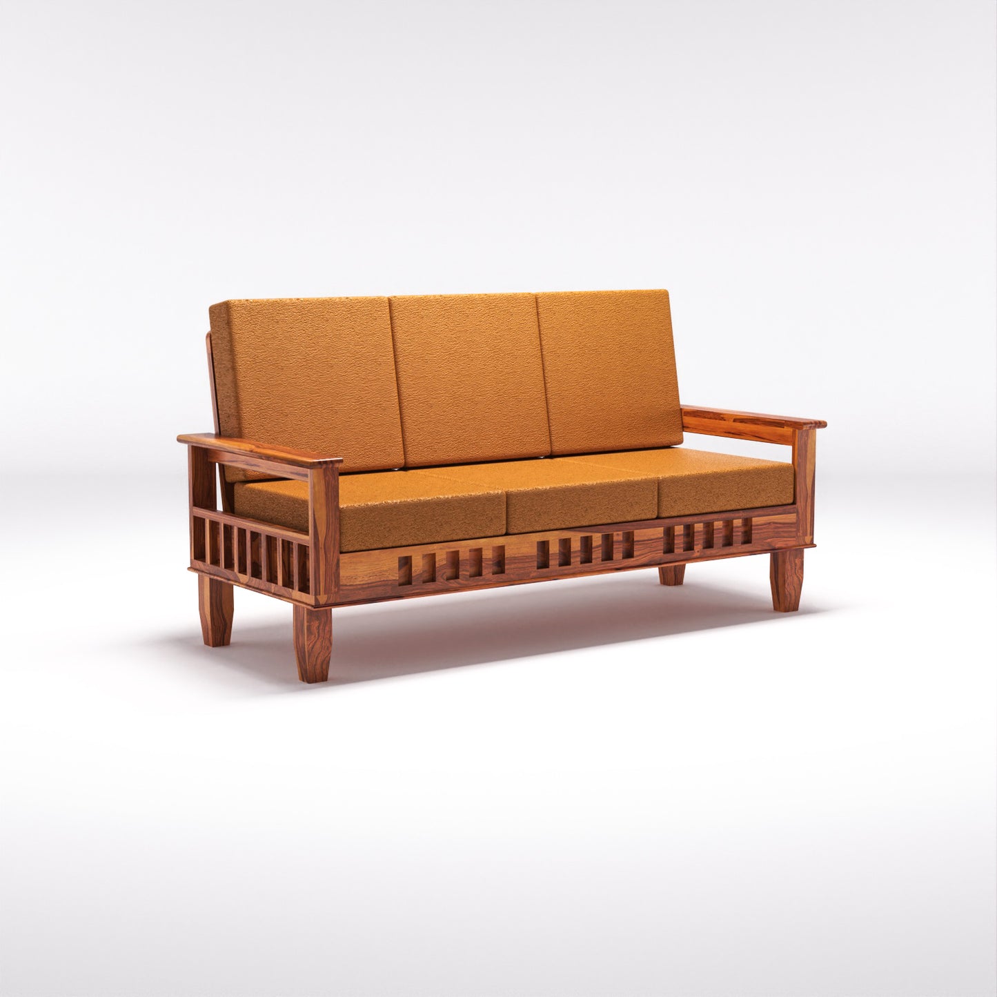 Solid Wood Three Seater Sofa with Cushioned Seating | Natural & Walnut Finish Wooden Sofa