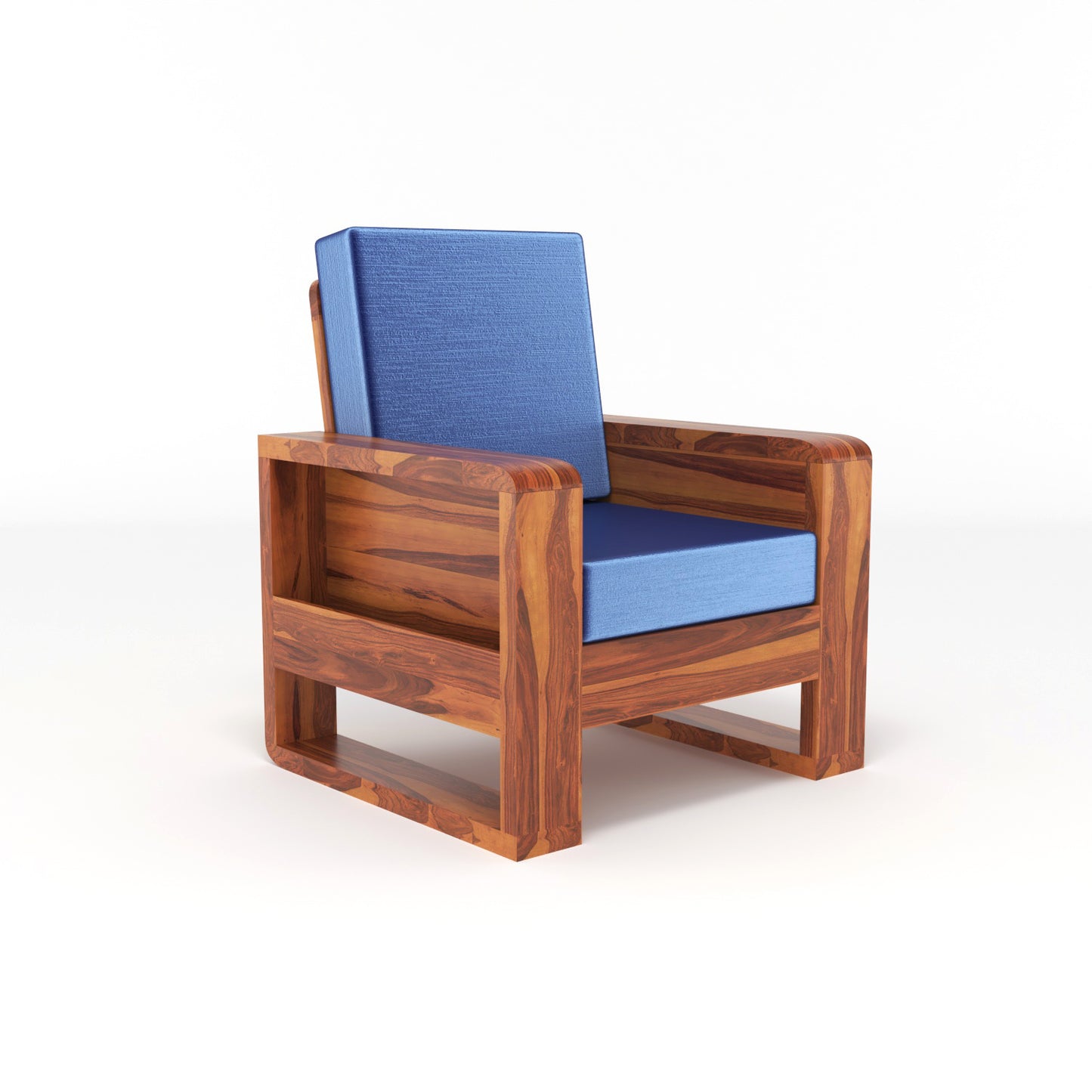 Solid Wood Single Seater Sofa | Natural & Walnut Finish Wooden Chair with Cushioned Comfort
