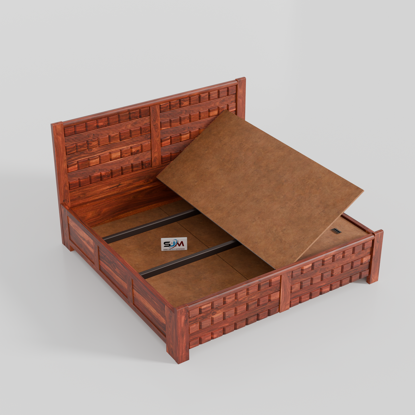 Solid Sheesham Wood Storage Bed with 3D Designer Headboard