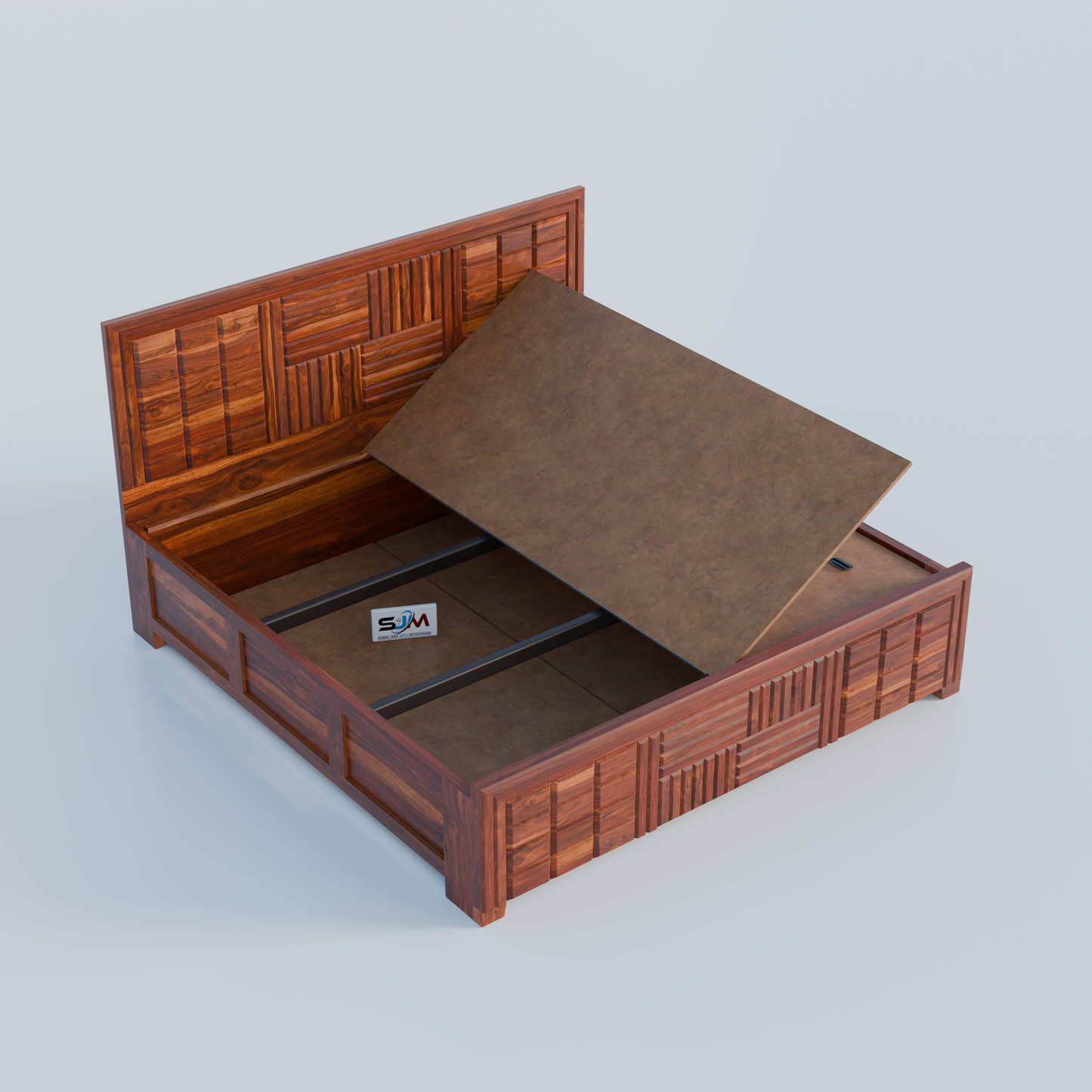 Solid Sheesham Wood Storage Bed with Designer Headboard