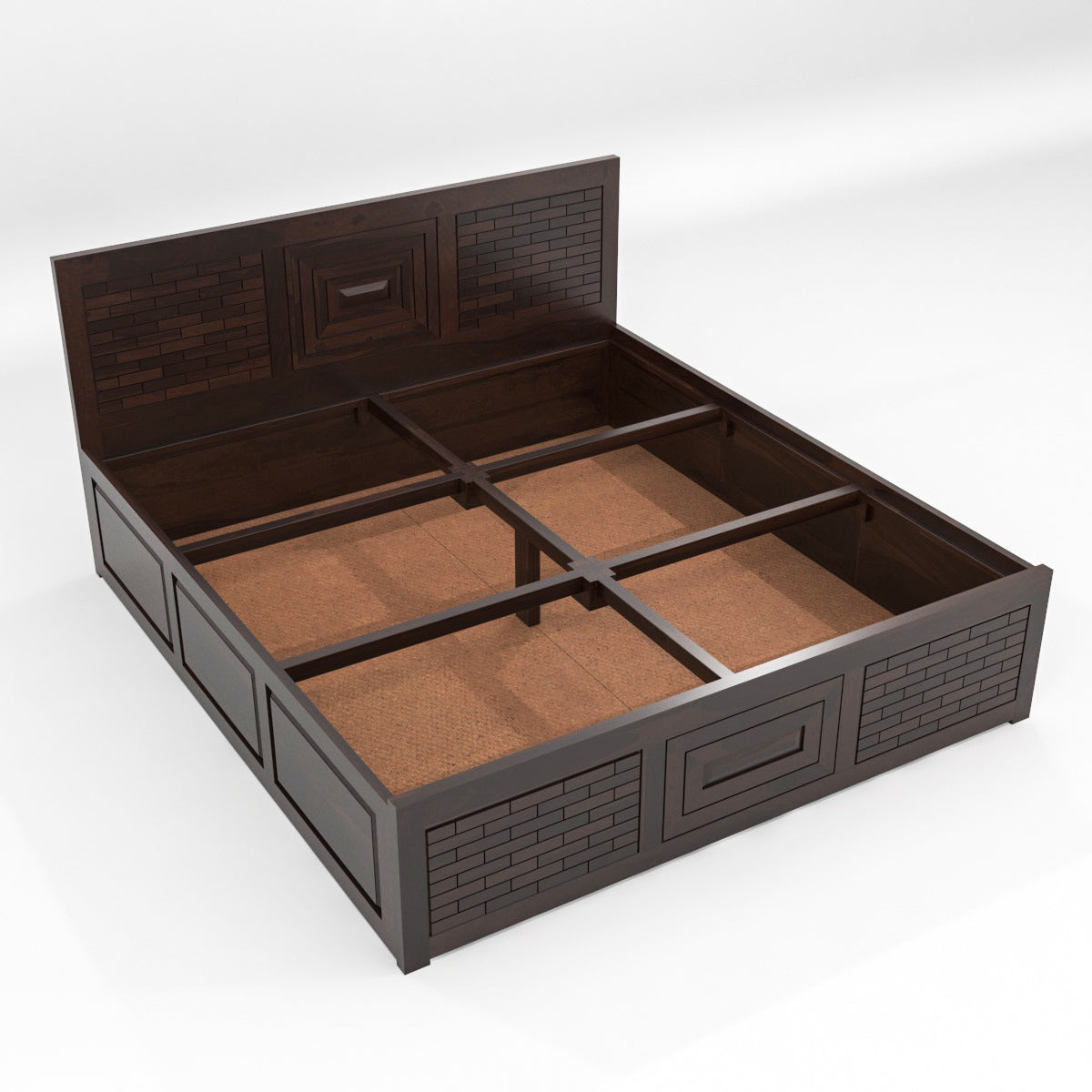 Solid Wood Storage Bed with Designer Panel Headboard – King Size Wooden Bed