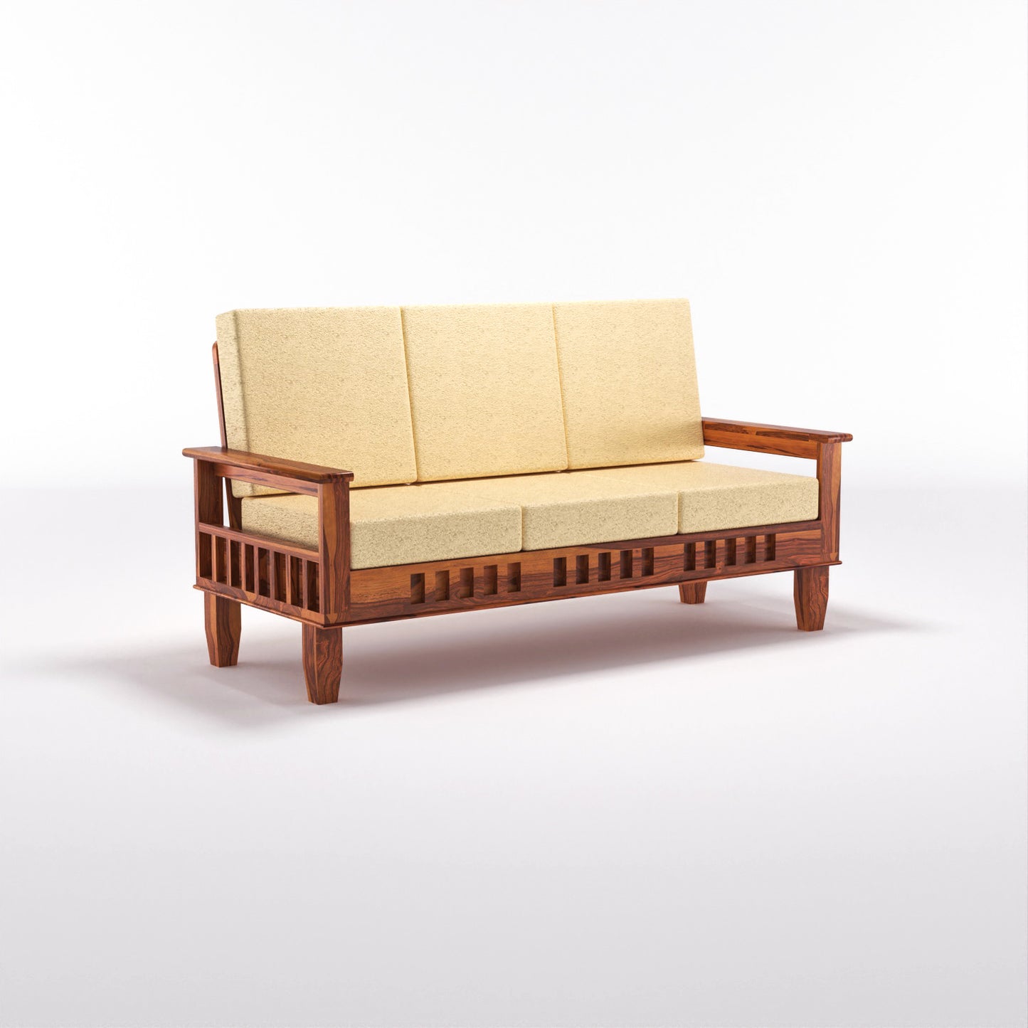 Solid Wood 5 Seater Sofa Set (3 Seater + 2 Single Seaters) | Natural & Walnut Finish with Cushioned Comfort