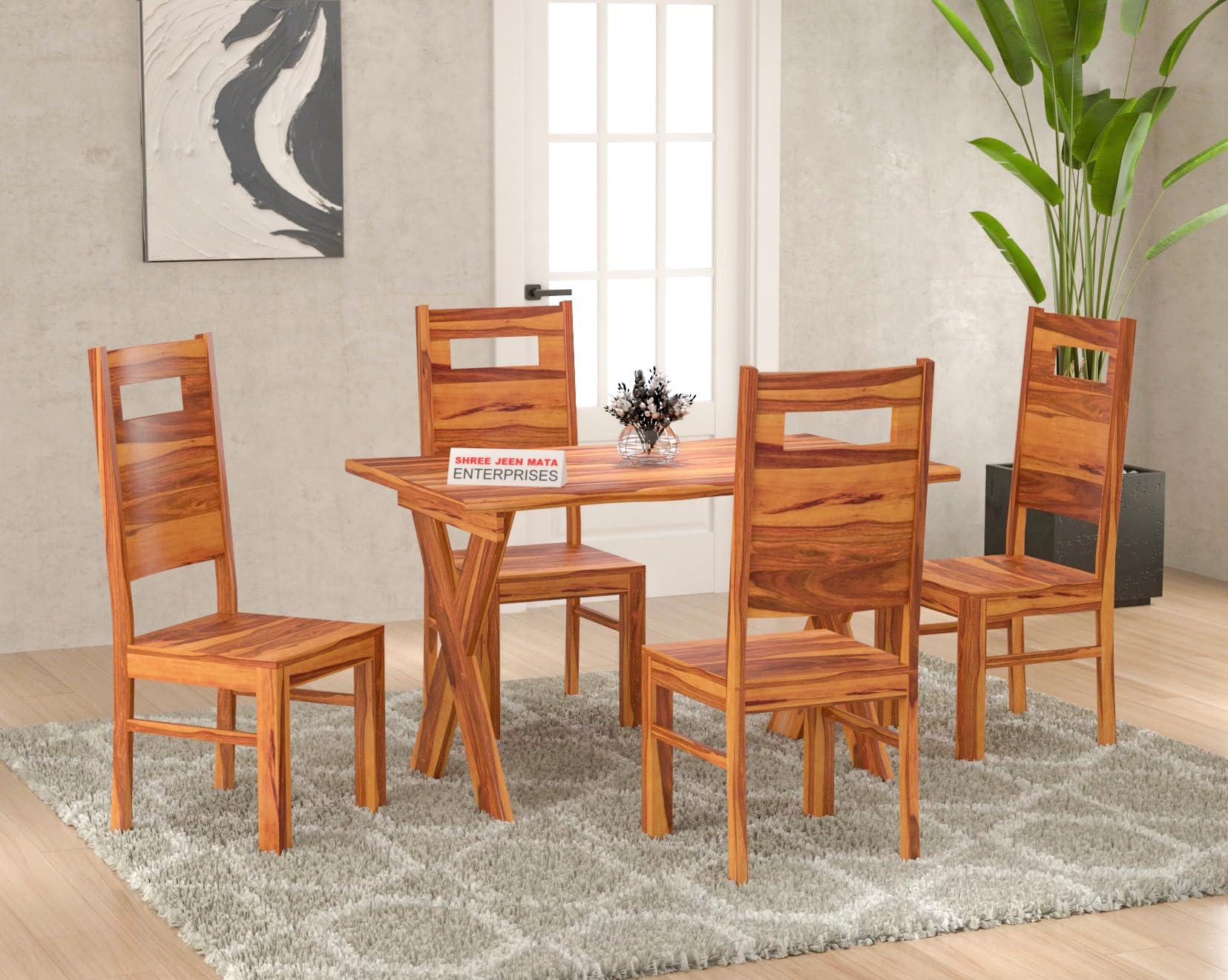 Jeenwood Sheesham Wooden 4 Seater Dining Table with Chairs Dining Set for Dining Room - Wooden Dining Table 4 Seater Modern Dining Table Set of 4 for Hotel Restaurant - Honey