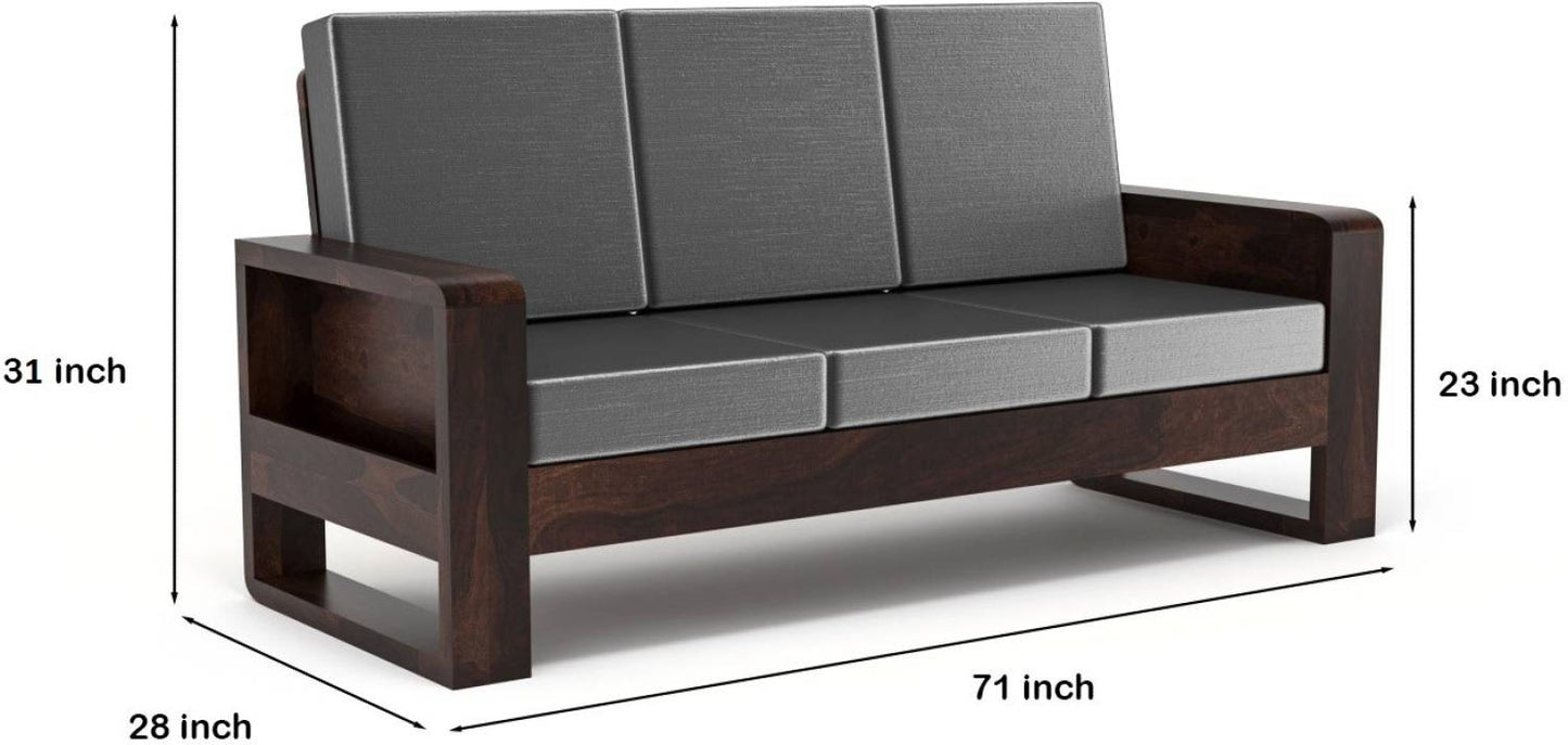 Solid Wood 4 Seater Sofa Set with Bottle Grey Polycotton Cushions & Center Table