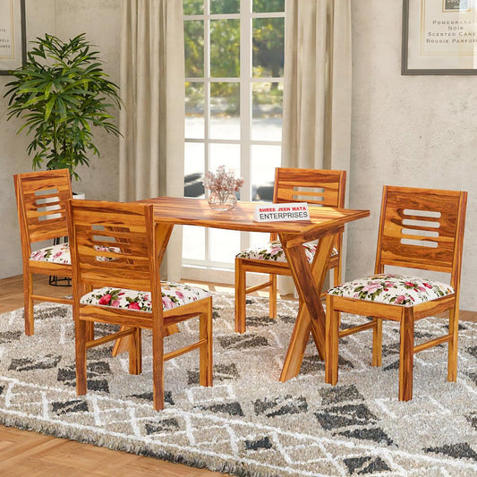 Jeenwood Sheesham Wooden 4 Seater Dining Table with Cushion Chairs Dining Set for Dining Room - Wooden Dining Table 4 Seater Modern Dining Set of 4 for Living Room Home - Honey