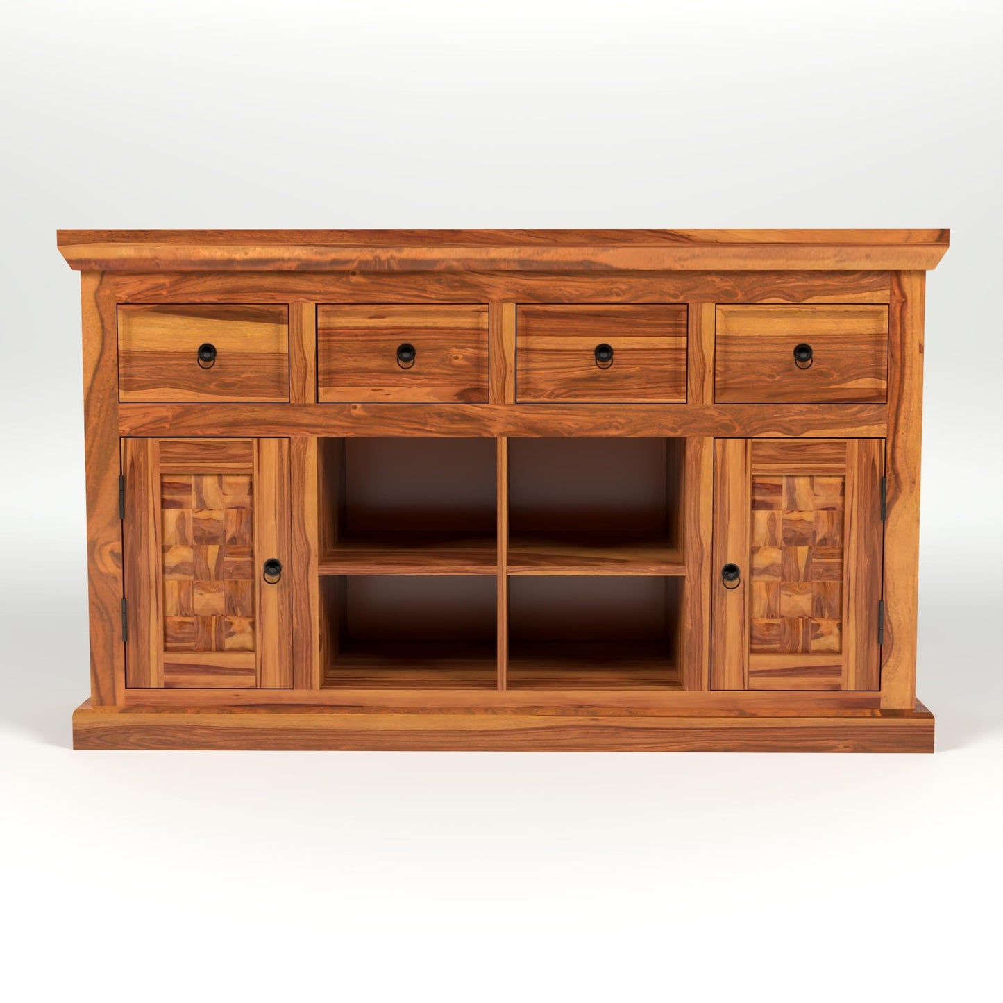 Jeenwood Sheesham Wooden Storage Cabinet for Living Room with 4 Drawer & 8 Shelves - Solid Wood Sideboard for Storage - Wooden Drawer Cabinet for Bedroom Home Decor Furniture - Honey