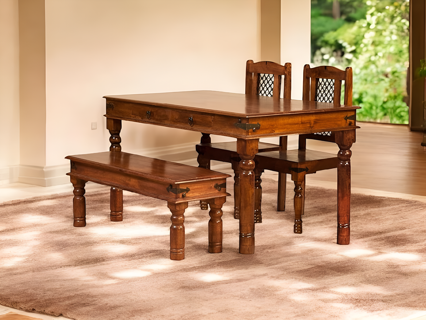 Solid Wood 4 Seater Dining Table Set with 2 Chairs and 1 Bench