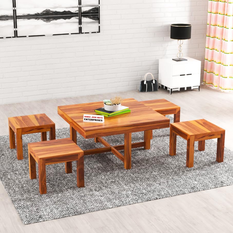 Jeenwood Sheeshsam Wooden Coffee Table with 4 Stools for Living Room - Solid Wood Coffee Table with Seating Stools Tea Table Teapoy Center Piece for Home Sofa Center Table - Alving Honey