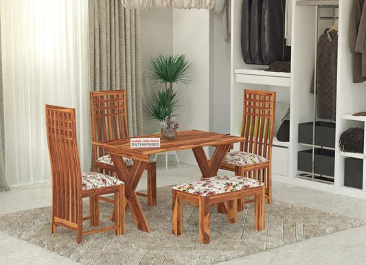 Jeenwood Sheesham Wooden 4 Seater Dining Table with 3 Chairs & 1 Bench - Dining Set for Dining Room - Wooden Dining Table 4 Seater with Cushion Seating Dining Table Set of 4 - Honey