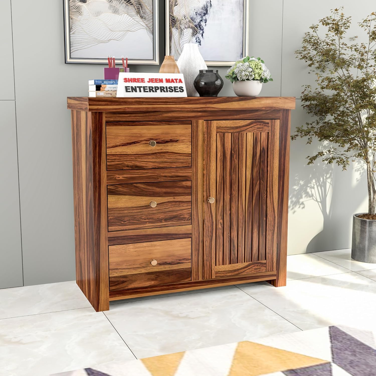 Jeenwood Solid Sheesham Wood Cabinet Drawer | Sideboard with Storage for Living Room | Bedroom | Hall | Home Furniture - Honey