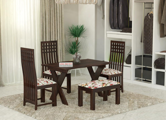 Jeenwood Sheesham Wooden 4 Seater Dining Table with 3 Chairs & 1 Bench - Dining Set for Dining Room - Wooden Dining Table 4 Seater with Cushion Seating Dining Table Set of 4 - Walnut